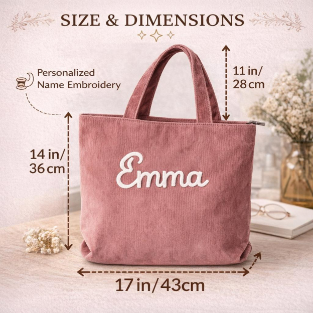 Personalized Corduroy Tote Bag with Custom Name Embroidery