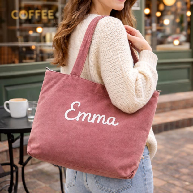 Personalized Corduroy Tote Bag with Custom Name Embroidery