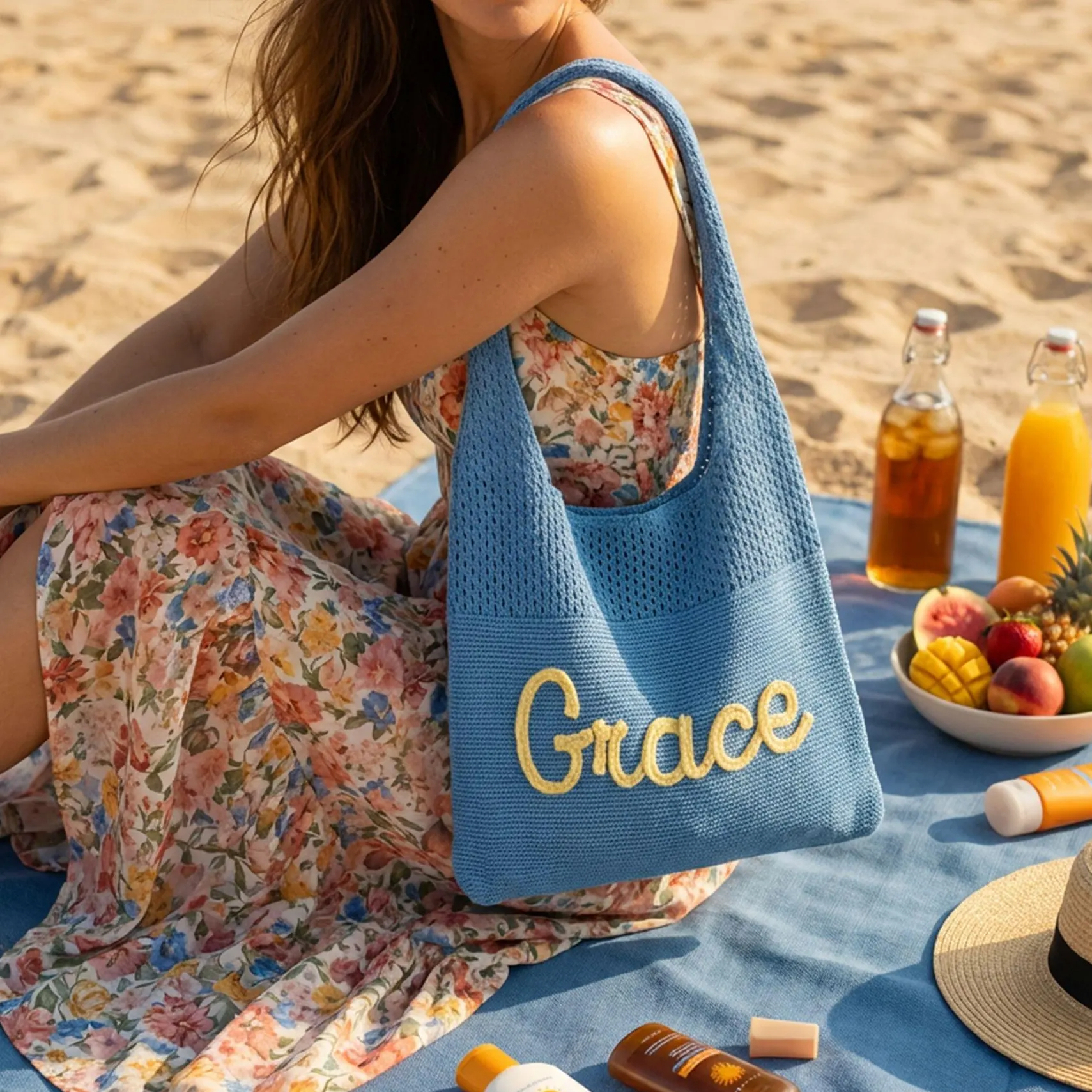 Custom Embroidered Knit Beach Tote Bag
