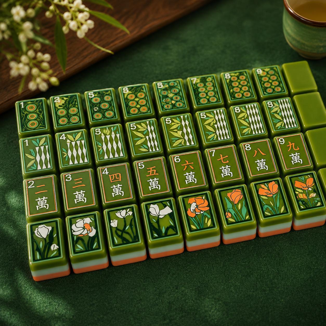Jade Green Botanical Mahjong Tiles