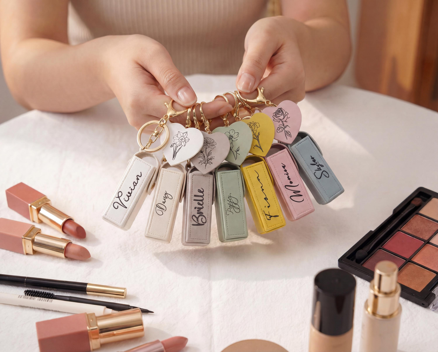 Personalized Lip Balm Bag Keychain with Mirror