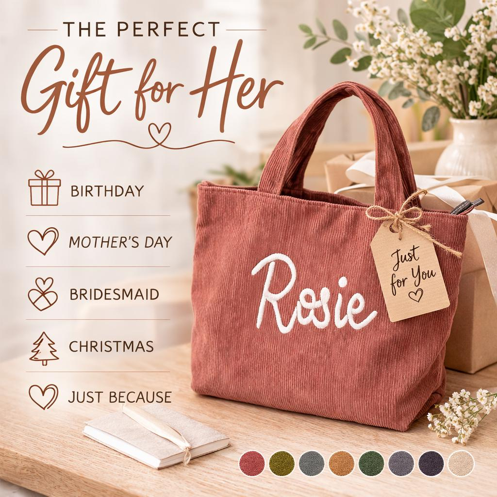 Personalized Corduroy Tote Bag with Custom Name Embroidery