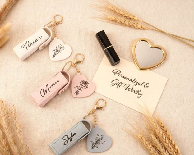 Personalized Lip Balm Bag Keychain with Mirror