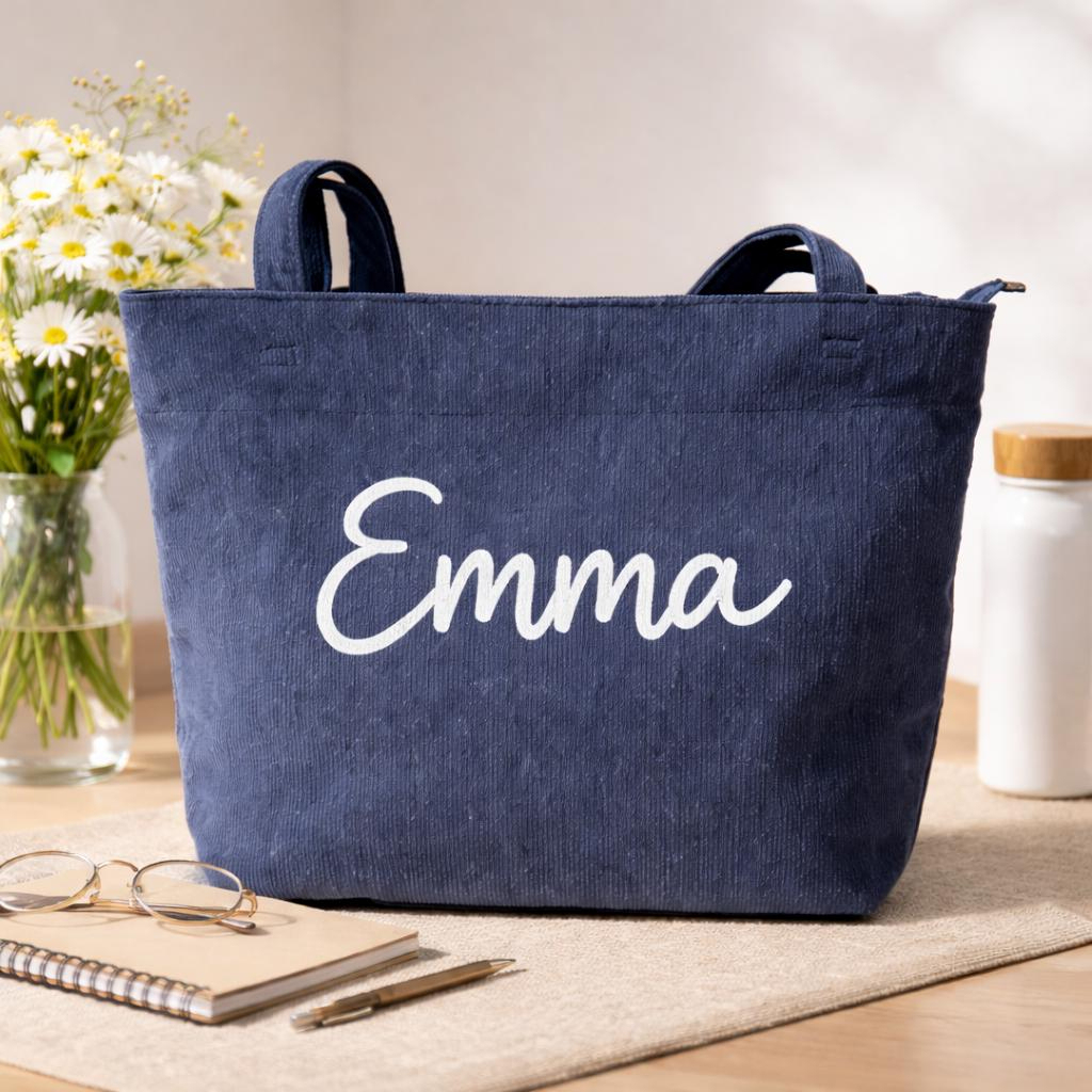 Personalized Corduroy Tote Bag with Custom Name Embroidery
