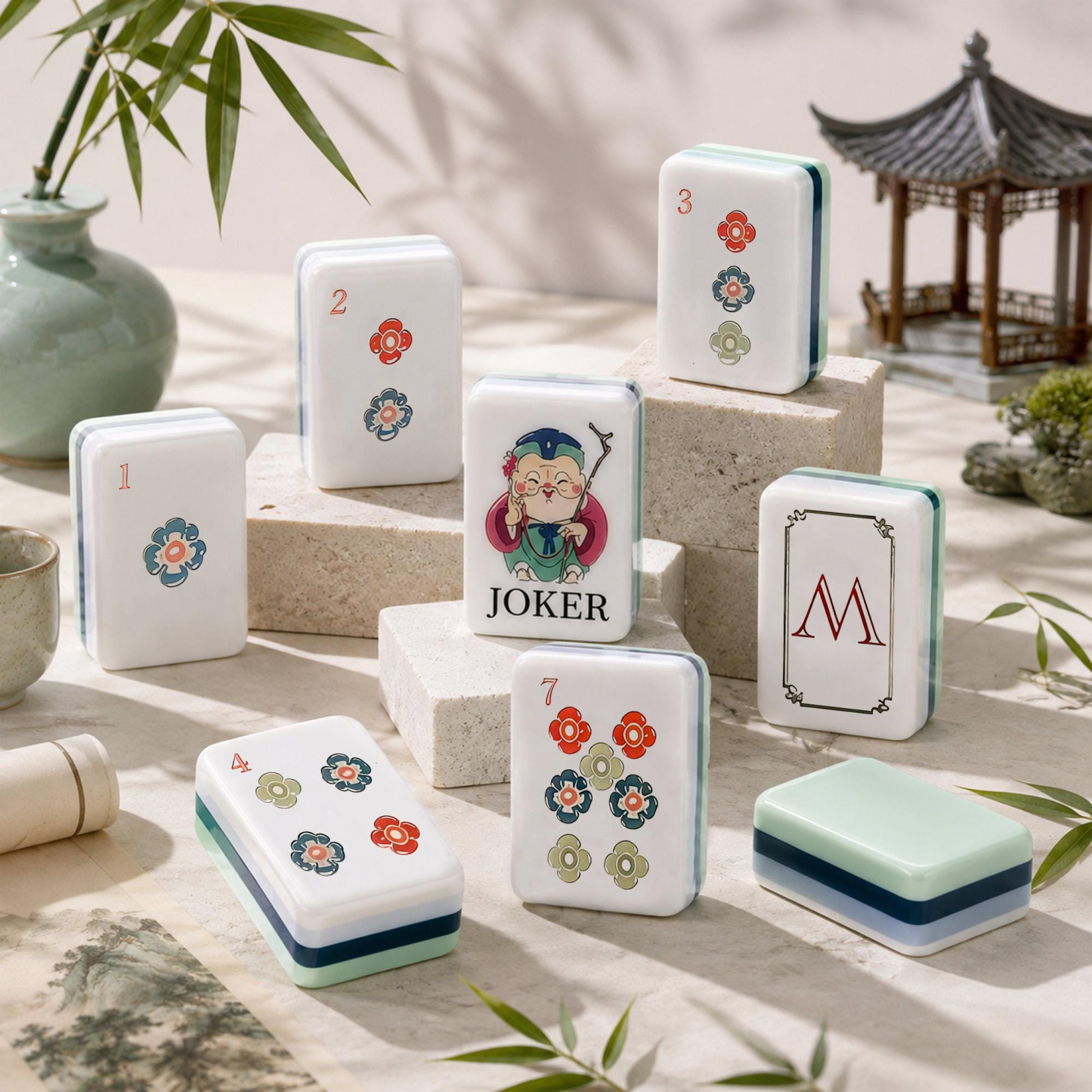 Mint Green Chinese Garden Mahjong Tiles