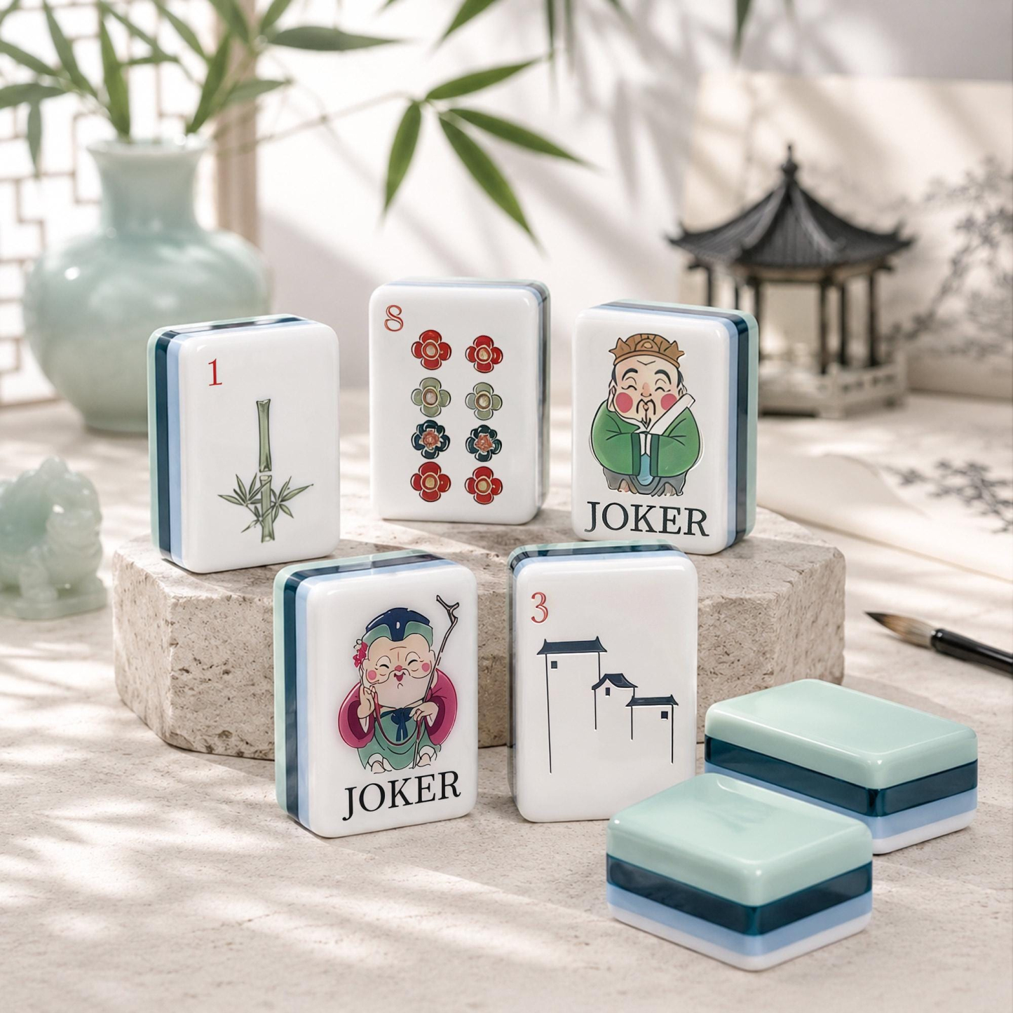Mint Green Chinese Garden Mahjong Tiles