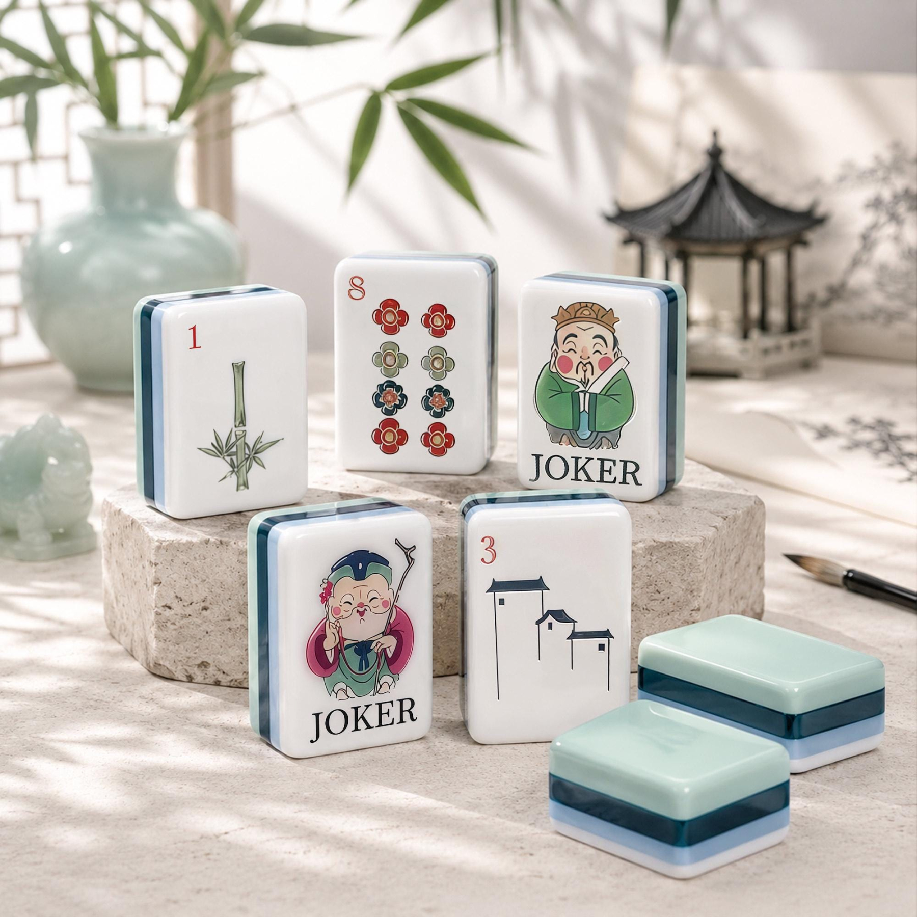 Mint Green Chinese Garden Mahjong Tiles