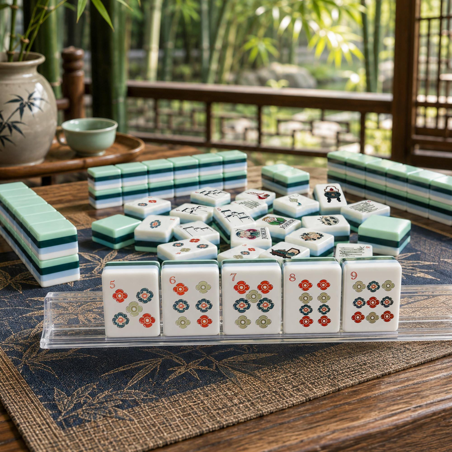 Mint Green Chinese Garden Mahjong Tiles