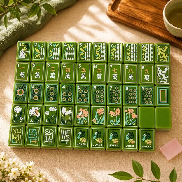 Jade Green Botanical Mahjong Tiles