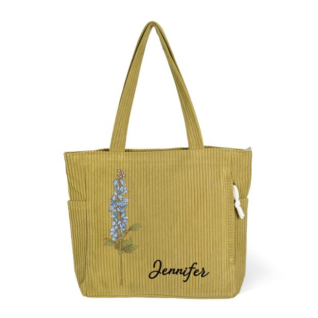 Personalized Birth Flower Corduroy Large Capacity Tote Bag with Name Daily Use Birthday Gift for Women