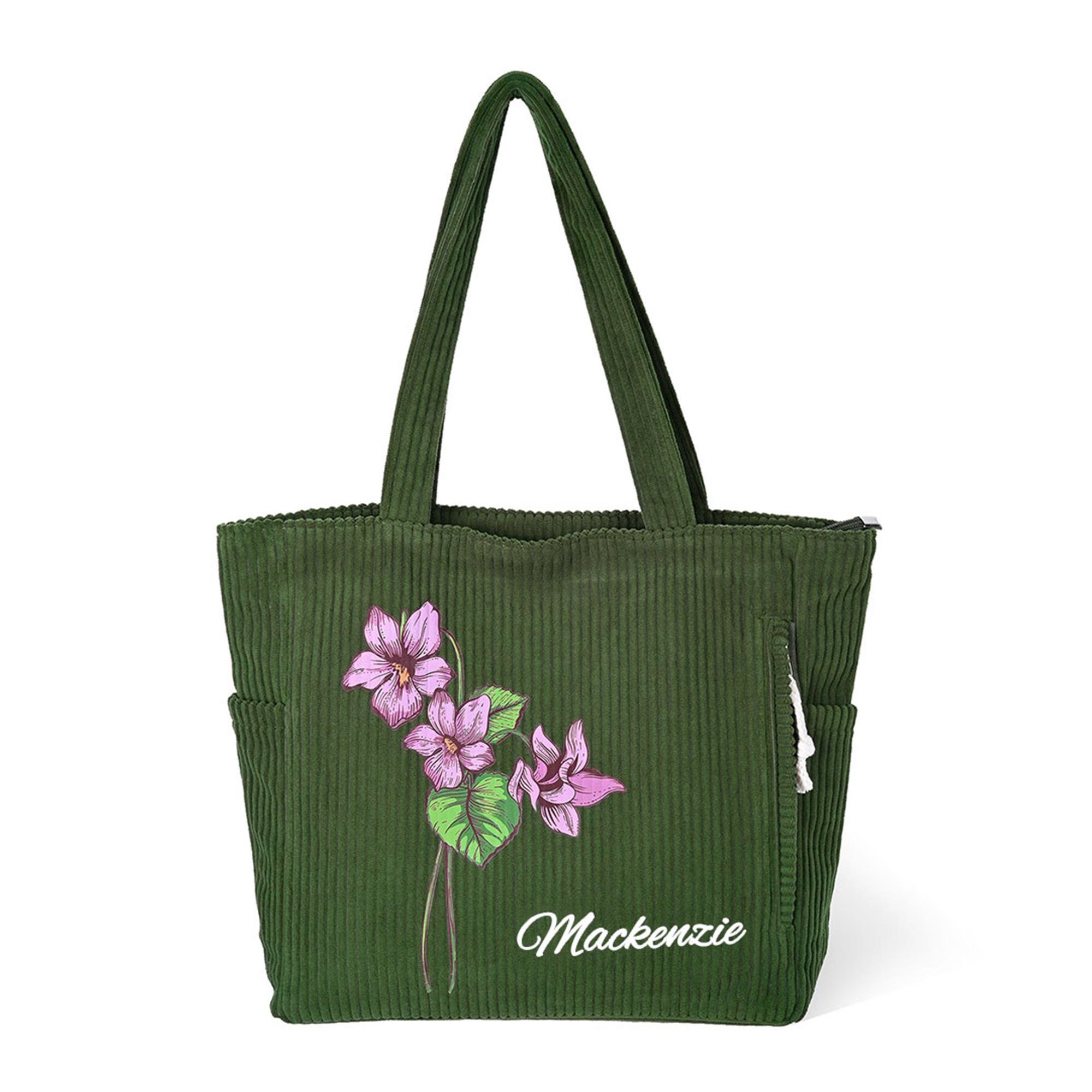 Personalized Birth Flower Corduroy Large Capacity Tote Bag with Name Daily Use Birthday Gift for Women