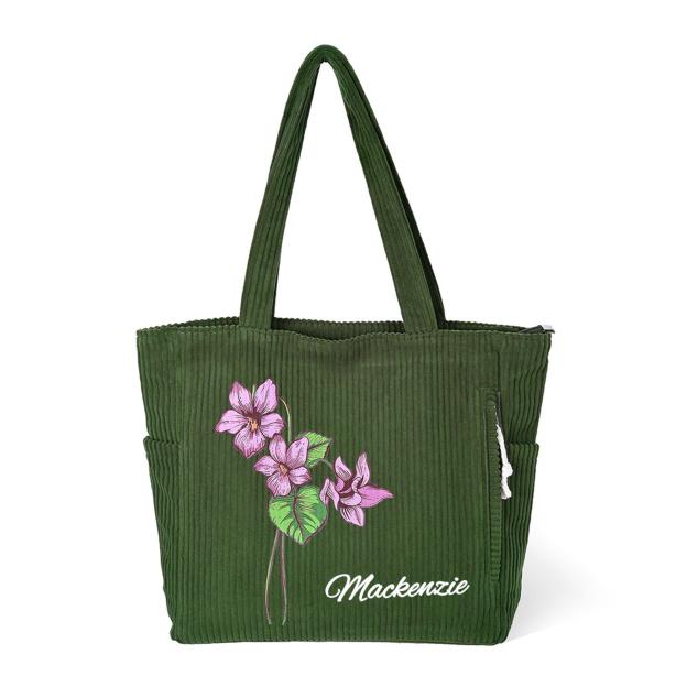 Personalized Birth Flower Corduroy Large Capacity Tote Bag with Name Daily Use Birthday Gift for Women