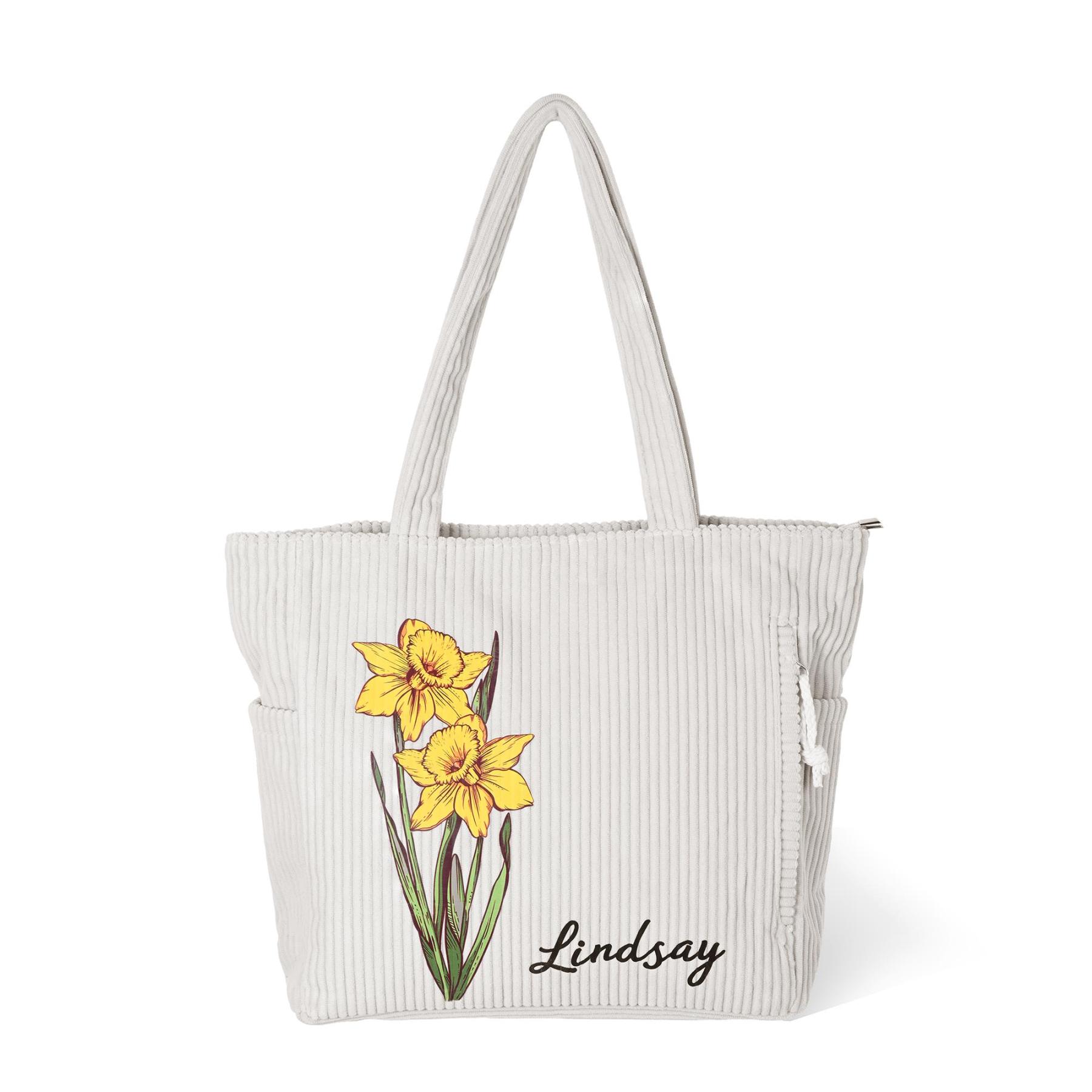 Personalized Birth Flower Corduroy Large Capacity Tote Bag with Name Daily Use Birthday Gift for Women