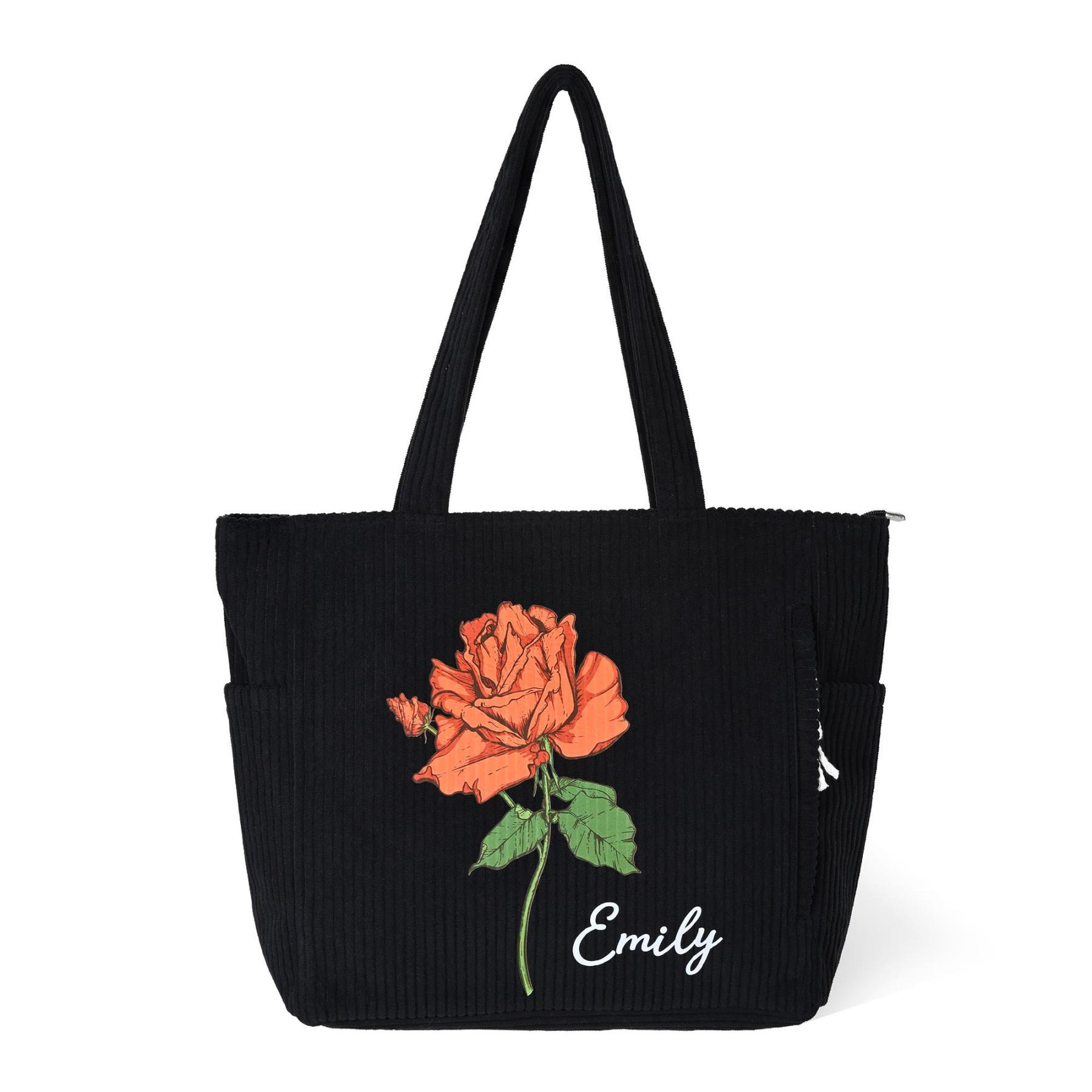 Personalized Birth Flower Corduroy Large Capacity Tote Bag with Name Daily Use Birthday Gift for Women