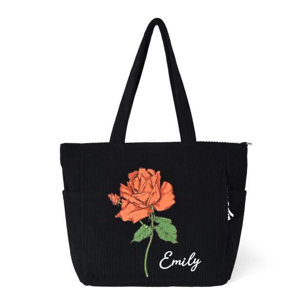 Personalized Birth Flower Corduroy Large Capacity Tote Bag with Name Daily Use Birthday Gift for Women