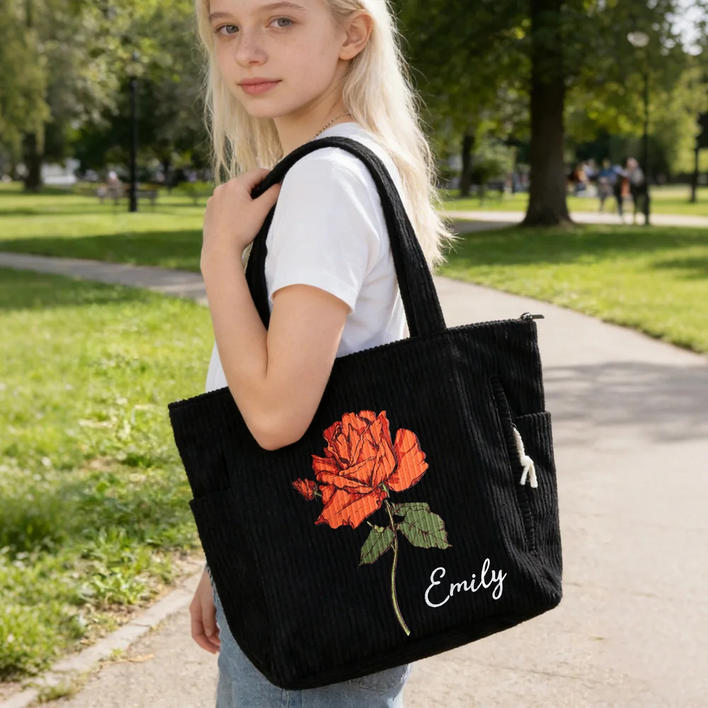 Personalized Birth Flower Corduroy Large Capacity Tote Bag with Name Daily Use Birthday Gift for Women