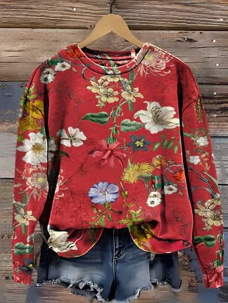 Vintage Watercolor Visual Flowers Casual Cotton Sweatshirt main image 0