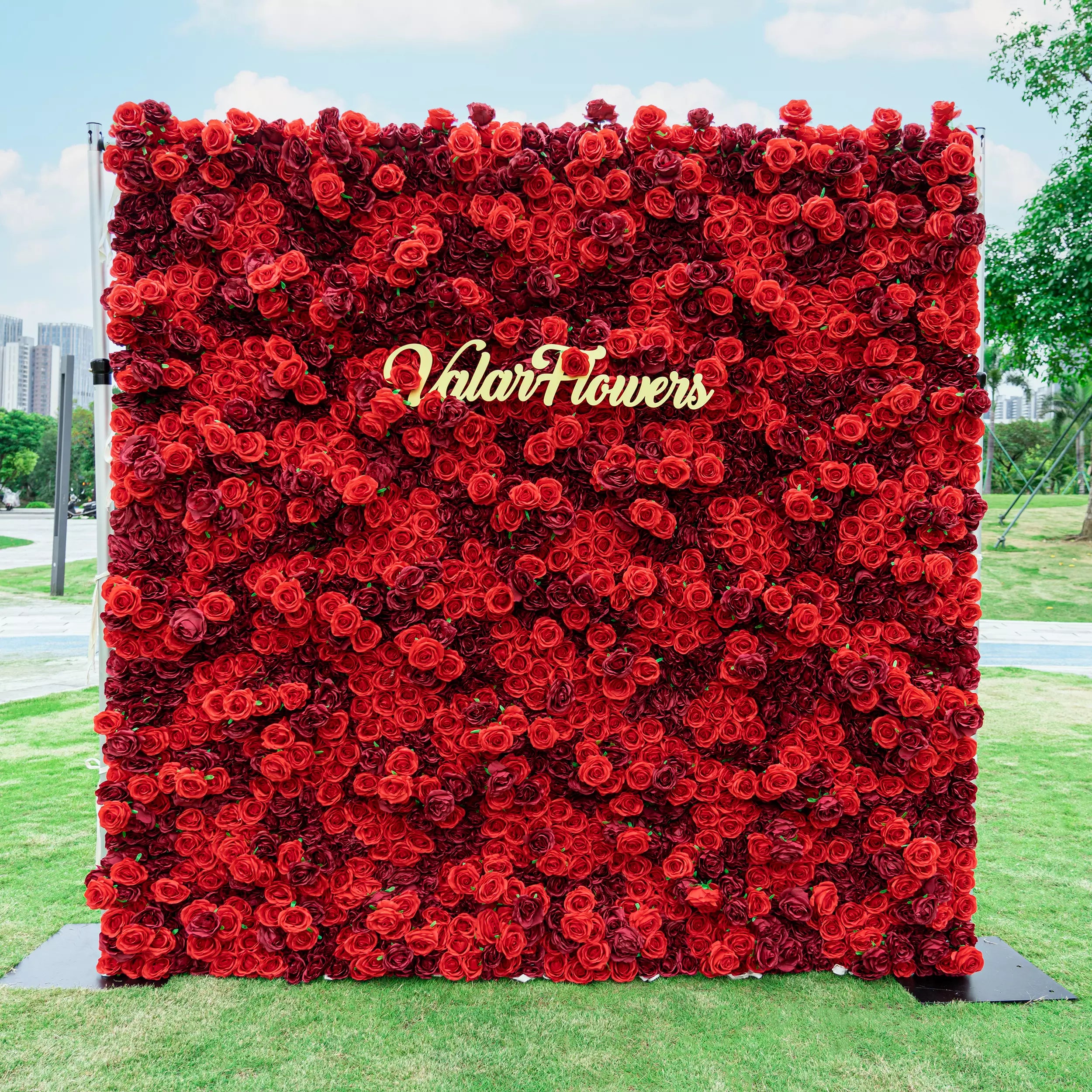Roll Up Fabric Artificial Flower Wall Crimson Coronation: A Regal Array of Red Roses Radiating Romance and Reverence-VF-172