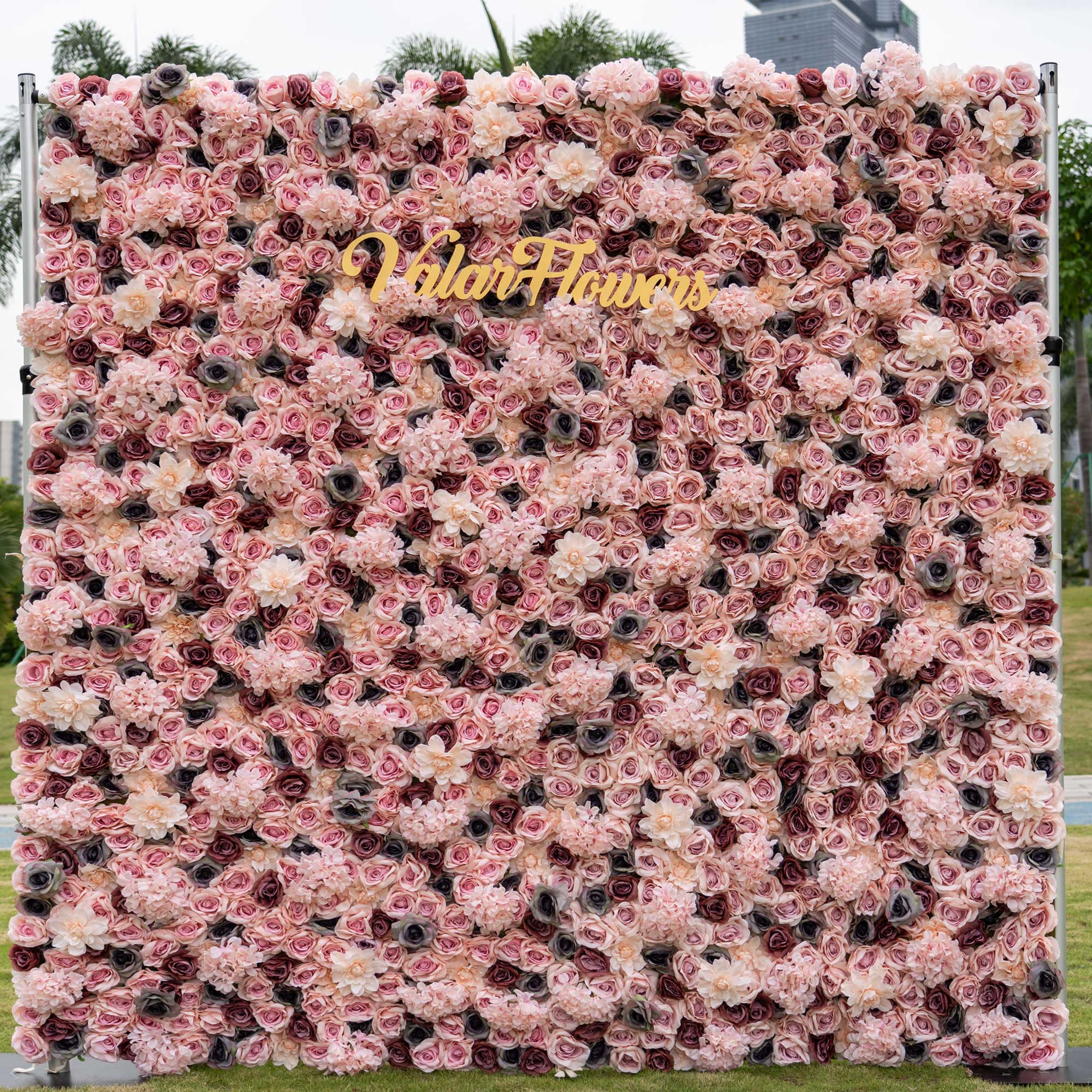 Artificial Mixed Brown and Pinkish Grey Flower Wall Wedding Backdrop, Floral Party Decor, Event Photography-VF-062
