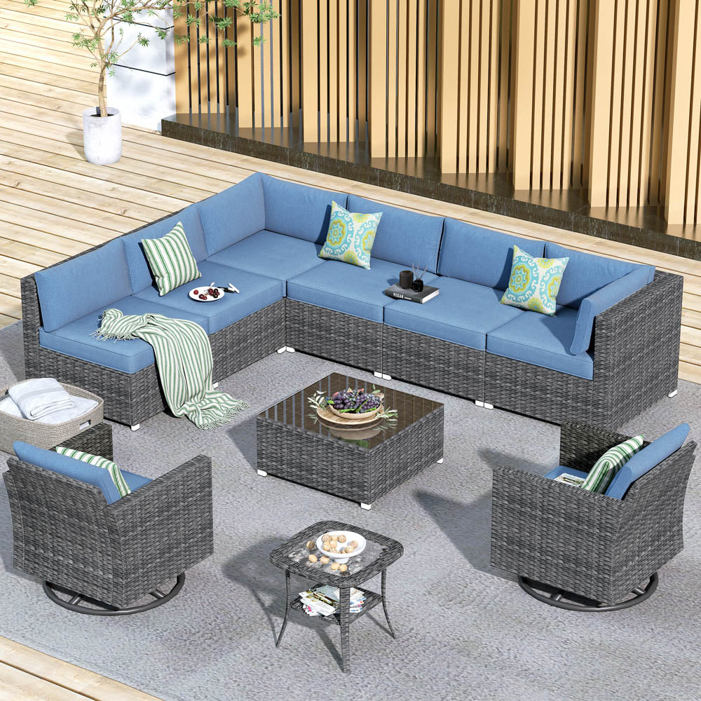 Patio Furniture 10-Piece Outdoor Sectional Sofa Set with Wicker Rocking Swivel Chairs and Tempered Glass Table