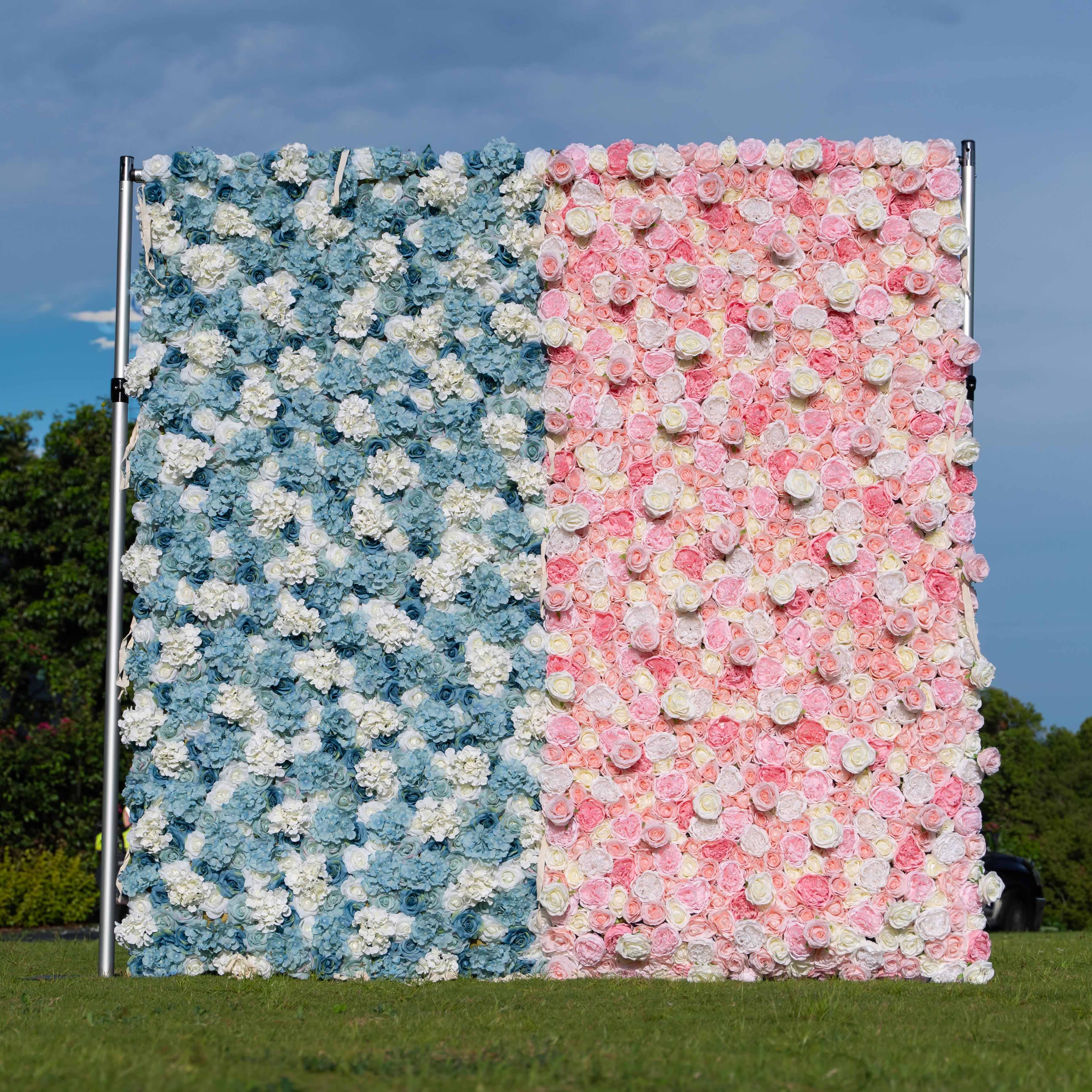 Baby Shower Flower Wall Backdrop - Blue & Pink Roll-Up Fabric Flower Wall - Gender Reveal Party & Celebration Decor