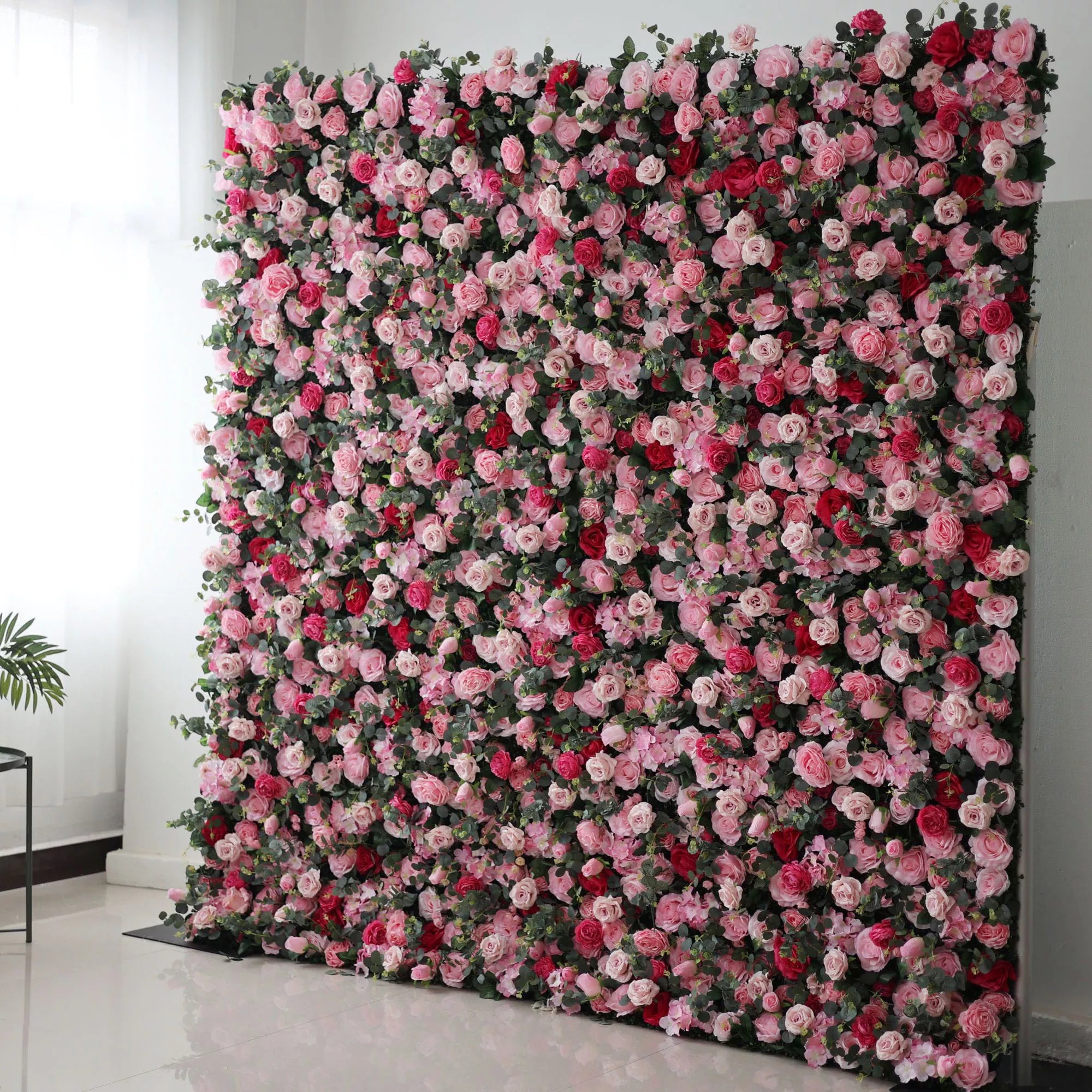 Blooming Bliss Artificial Fabric Flower Wall – Lush Pink, Red, and White Rose Display for Weddings, Events, and Home Décor – Ultimate Floral Backdrop for Romantic Ambiances-VF-214