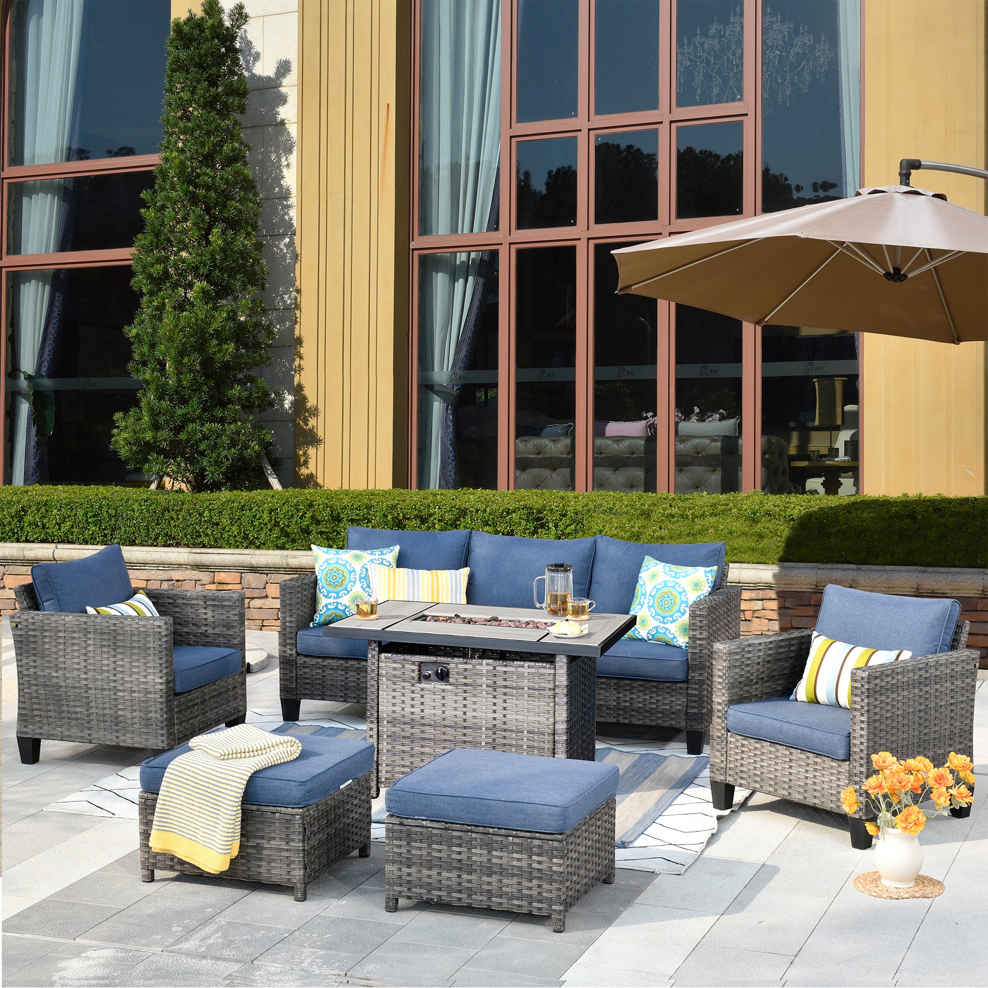Patio Conversation Set 6-Piece with Rectangle 42'' Fire Pit Table and Vultros Set