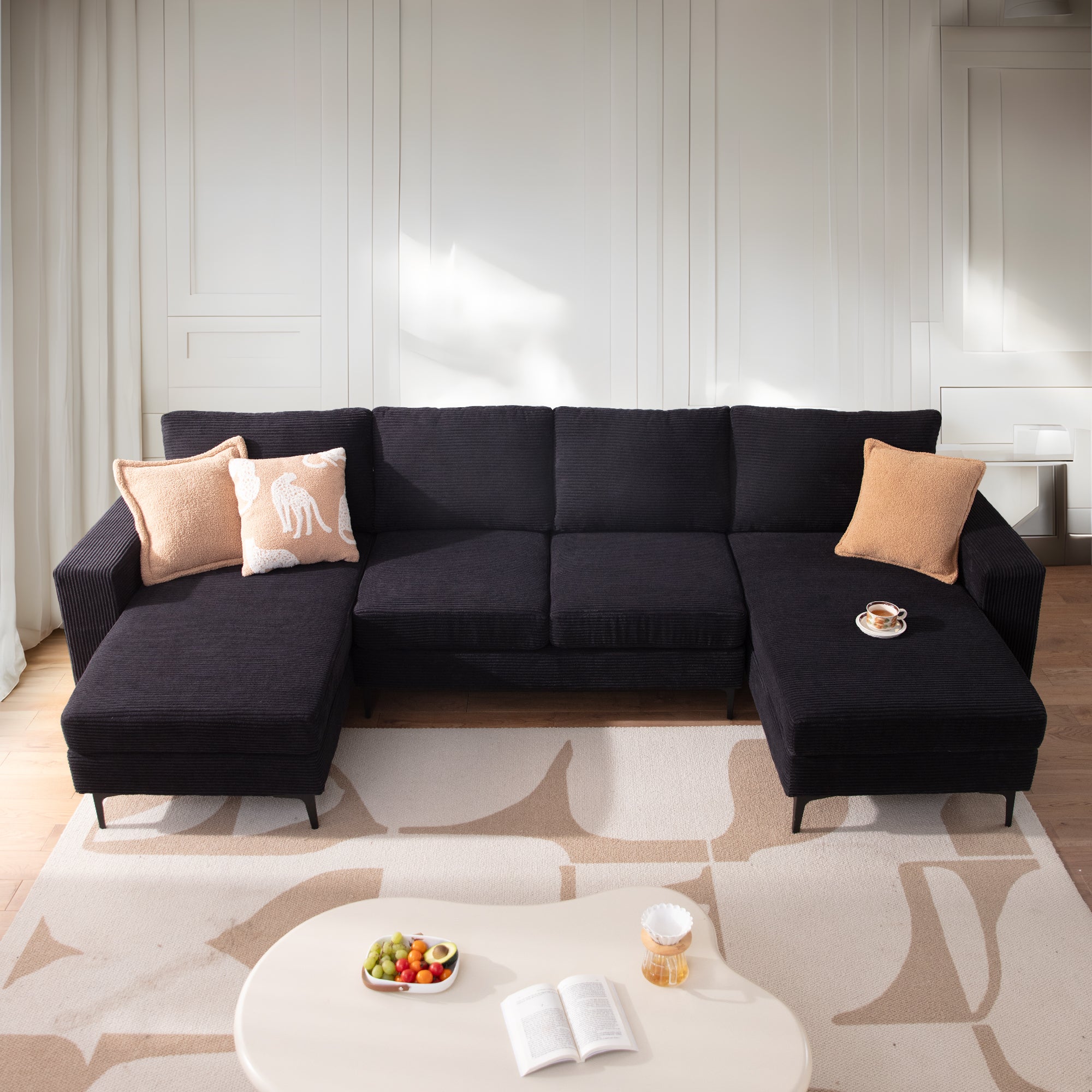 126" Modern U-Shaped Couch with Double Chaise Corduroy Fabric