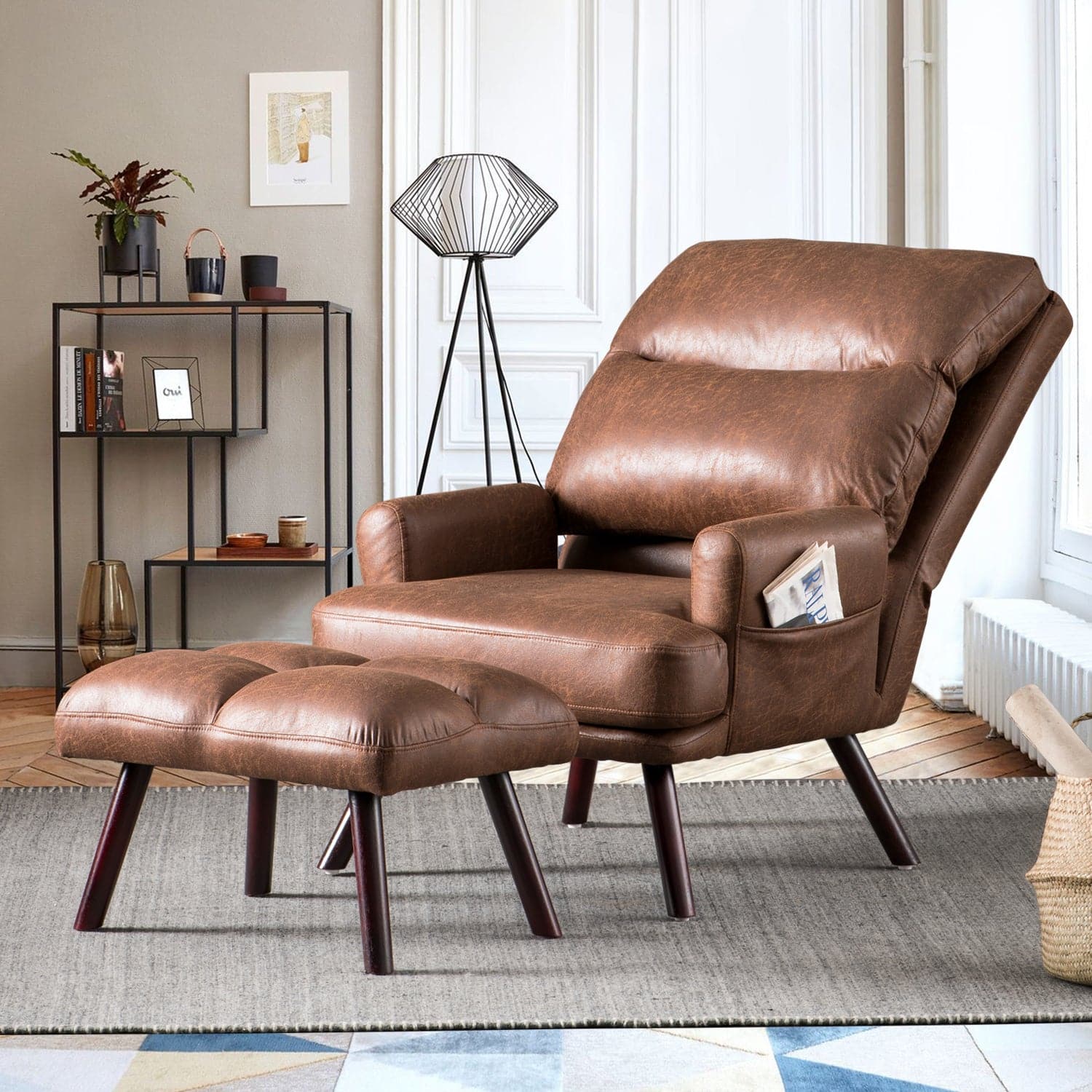 Living Room Accent Chair with Ottoman, 6 Angles Adjustable