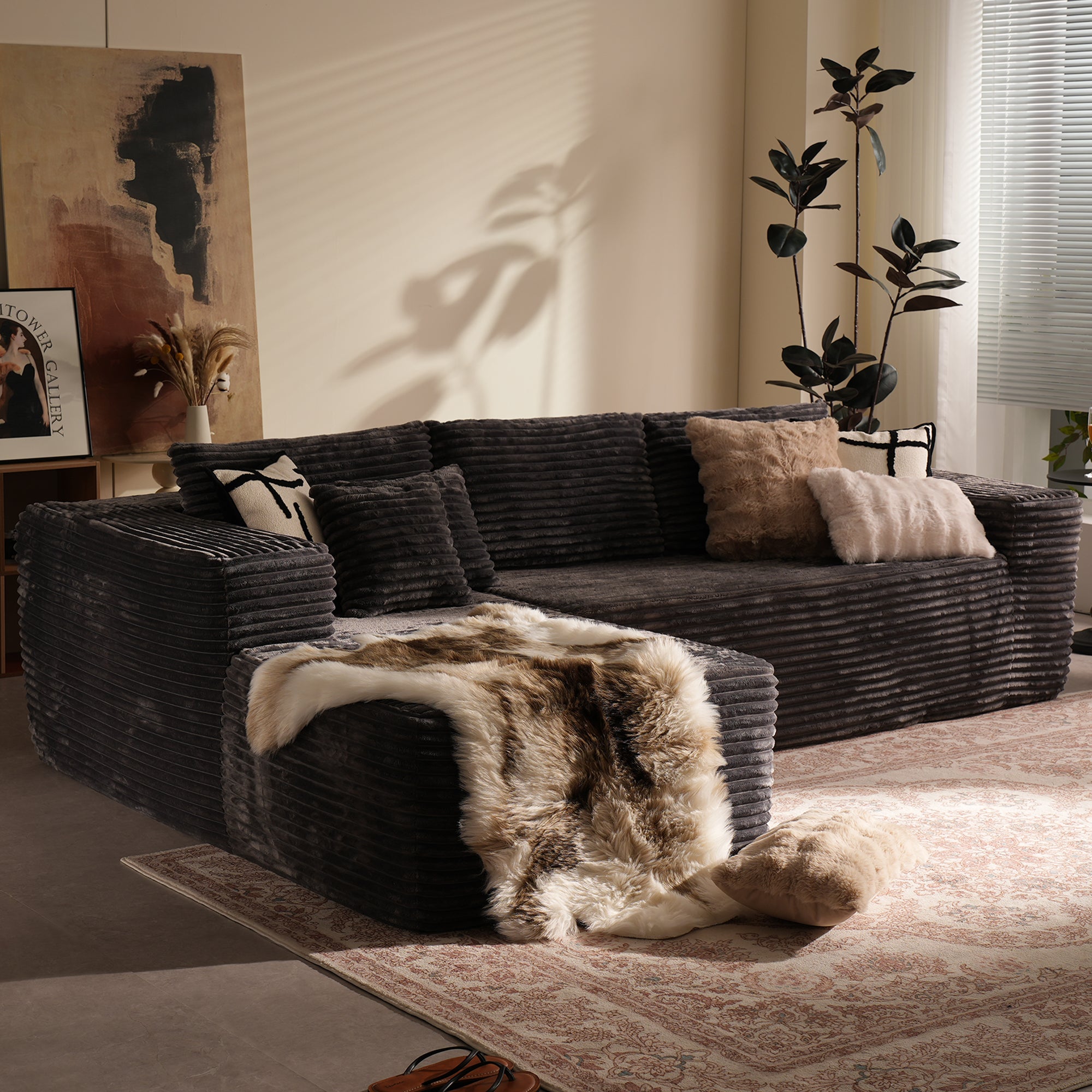 104" L-Shape Modular Couch with Chaise, Plush Corduroy Fabric, No Assembly Required