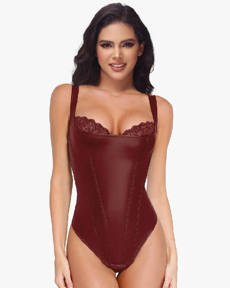 Shapewear Faux Leather Lace Balconette Sculpting Bodysuit