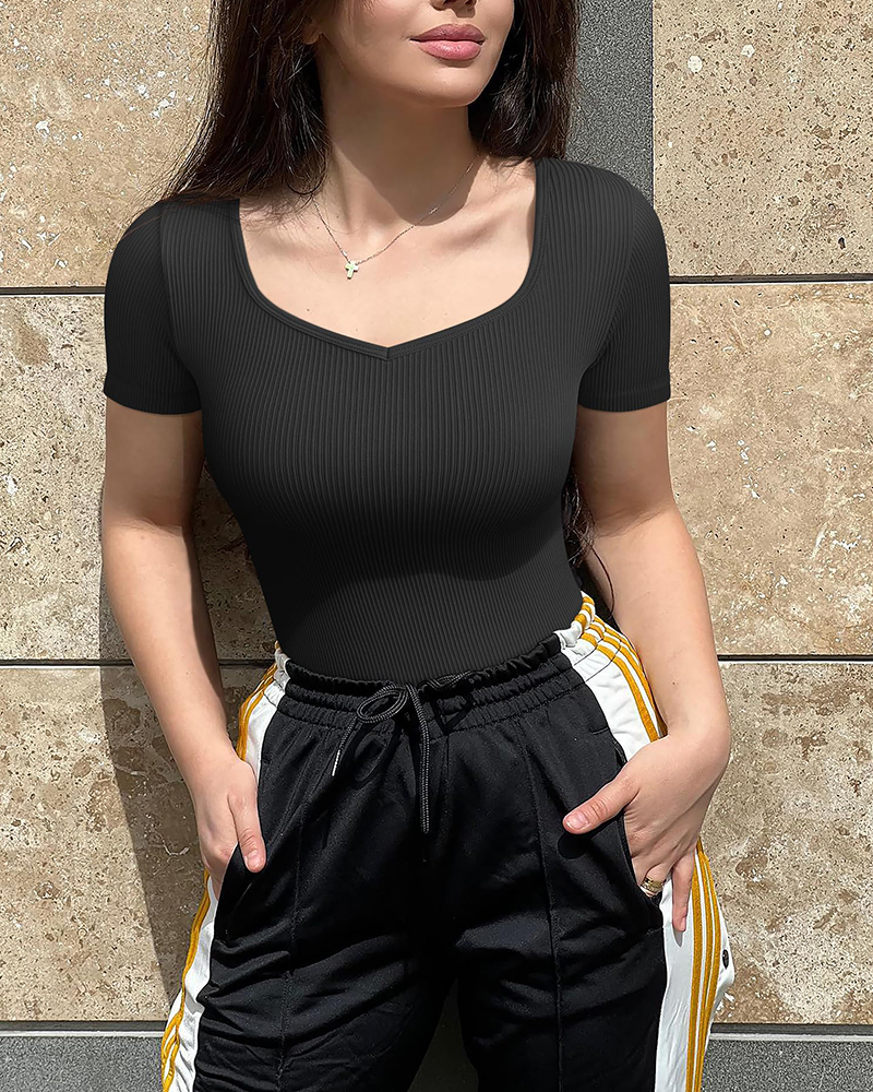 Sexy Ribbed Heart Neck Short Sleeve Stretch Tank Tops Bodysuits