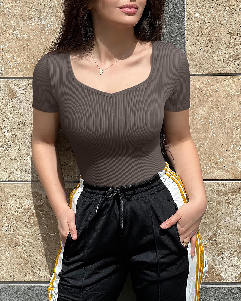 Sexy Ribbed Heart Neck Short Sleeve Stretch Tank Tops Bodysuits