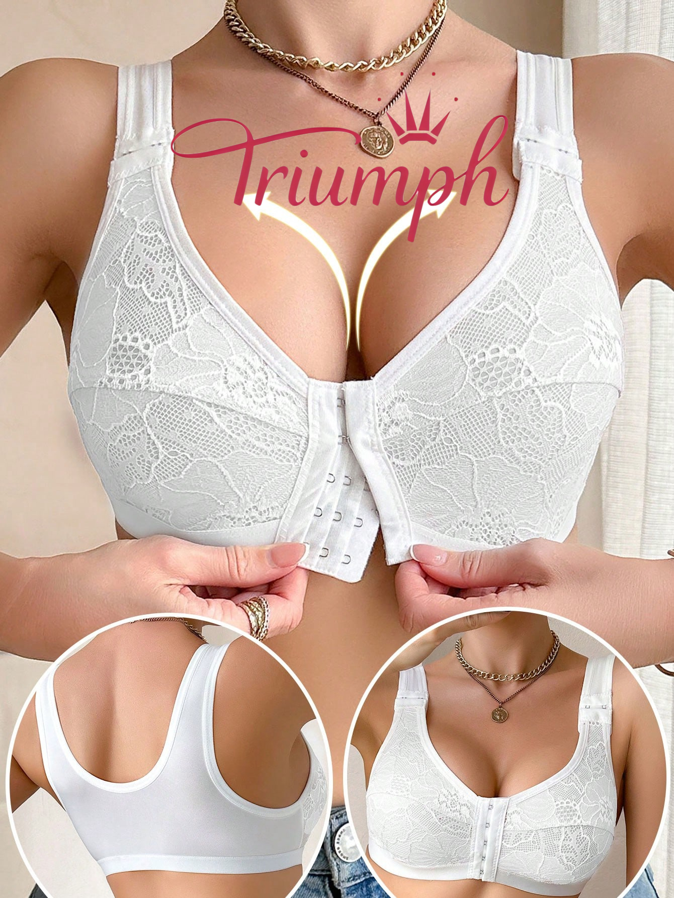 👙TRIUMPH – [3 ks]🔥50% Dámská podprsenka bez kostic pro větší velikosti s předním zapínáním - nastavitelná ramenní ramínka, měkký prodyšný krajkový lem