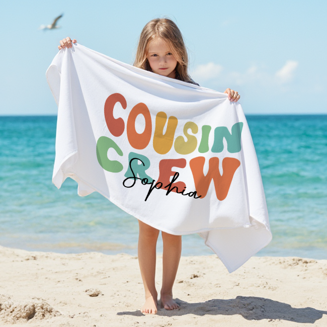 Personalized Name Cousin Crew Beach Towel, Perfect for Family Outings - CustWit