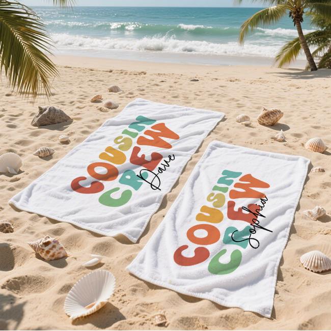 Personalized Name Cousin Crew Beach Towel, Perfect for Family Outings - CustWit