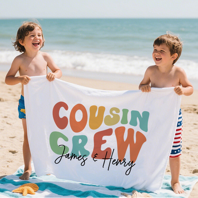 Personalized Name Cousin Crew Beach Towel, Perfect for Family Outings - CustWit