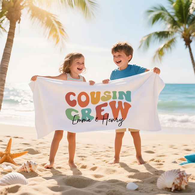 Personalized Name Cousin Crew Beach Towel, Perfect for Family Outings - CustWit