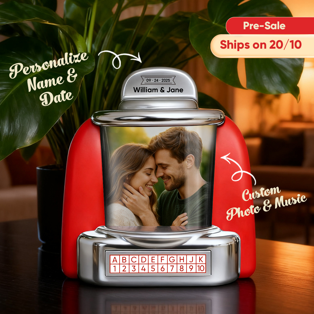 (Pre-Sale, Ships on 20/10)Custom Jukebox Retro Speaker – Personalized Photo,Names & Date Music Mini Player with Radio | Vintage Tabletop Home Decor Nostalgic Gift