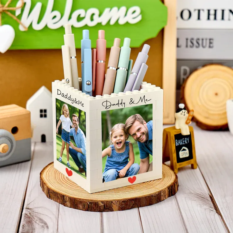 Personalised Daddy & Me Brick Photo block Pencil Pot, Brick-Inspired Organizer, Gifts for Dad, Kids, Chirlren, Student