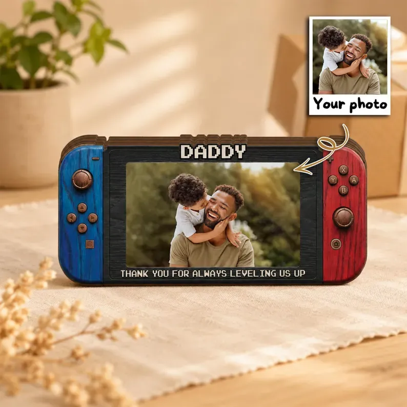 Personalized Fathers Day Gift for Gamer Dad, Custom Photo Dad Frame, Retro Game Console Photo Wooden Block Sign, Game Lover Room Decor