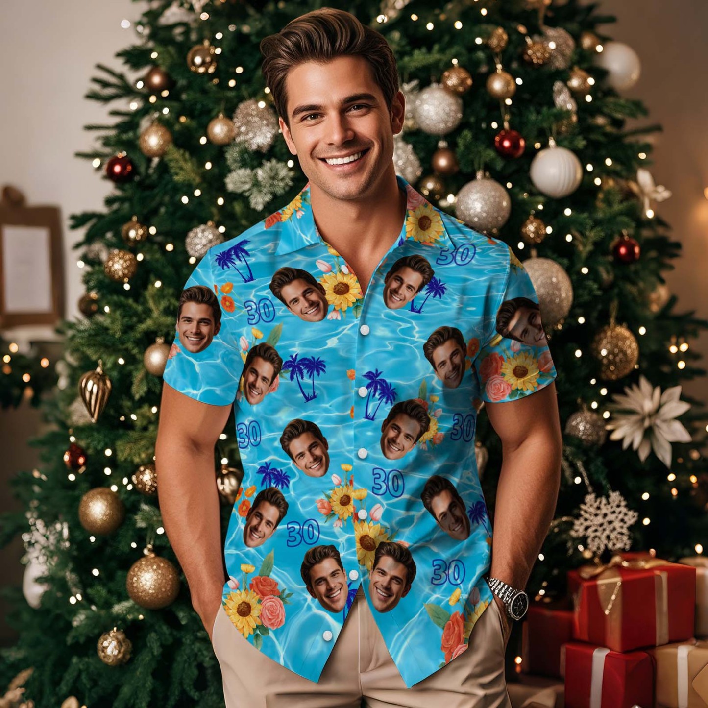 Custom Face Age Hawaiian Shirt Personalized Sunflower Short Sleeve Shirt with Photo Birthday Shirt for Men Birthday Gifts