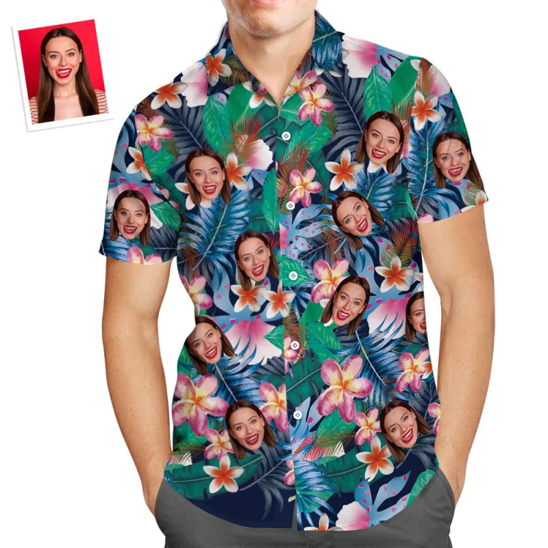 Custom Face Shirt Men's Hawaiian Shirt Personalized Photo Colorful Flowers Tshirts