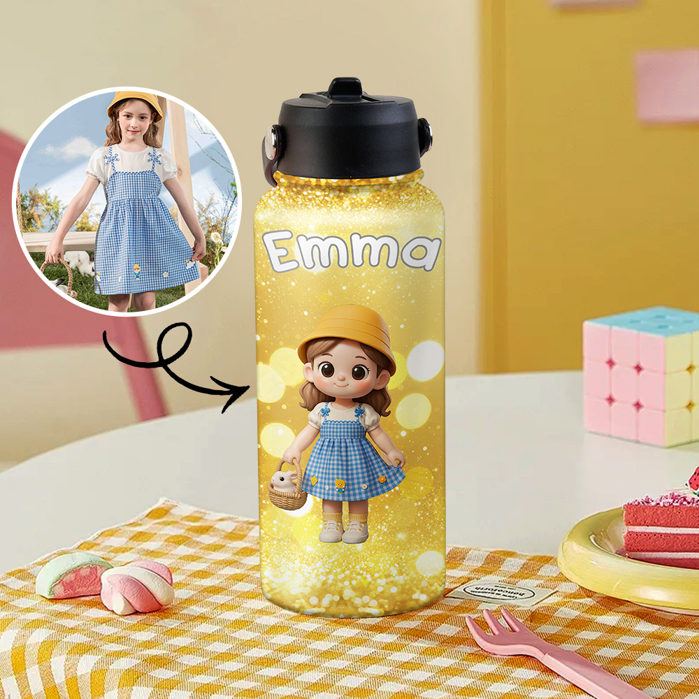 Custom Name Cartoon Kid Water Bottle, Stainless Steel Cup Birthday Gift for Kids - CustWit