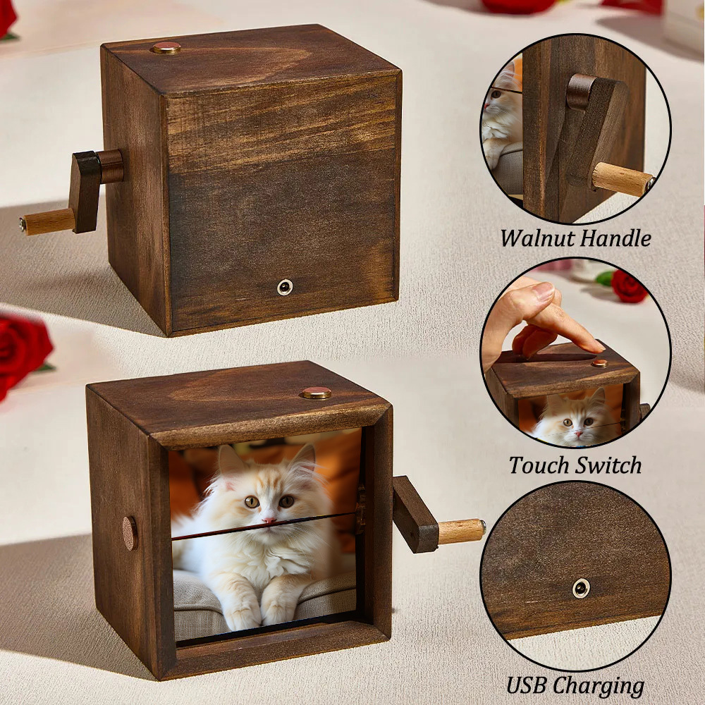 Custom Flip Book Cat Frame Animation Machine Mechanical Hand-cranked Photo Album with Light Black Walnut Baby Photo Cube Frame Creative Gift