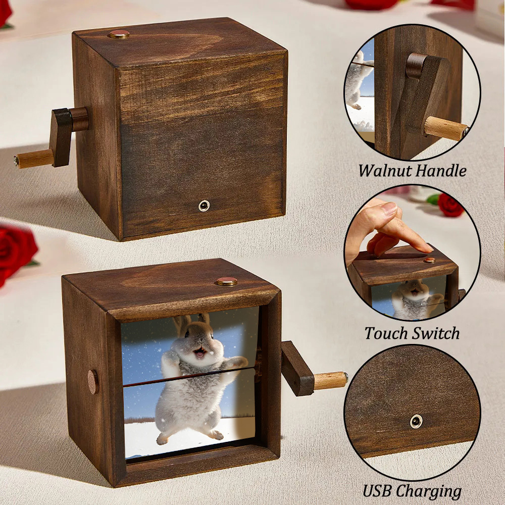 Custom Flip Book Rabbit Frame Animation Machine Mechanical Hand-cranked Photo Album with Light Black Walnut Baby Photo Cube Frame Creative Gift