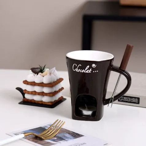 Handcrafted Fondue Cup – Ceramic Chocolate Melting Mug with candler for Coco