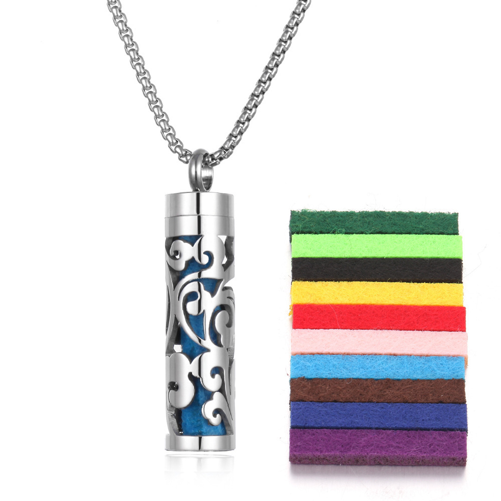 Aromatherapy Pendant – Stainless Steel Perfume Bottle Necklace, Hollow Wave Cylinder Design (Couples Gift)
