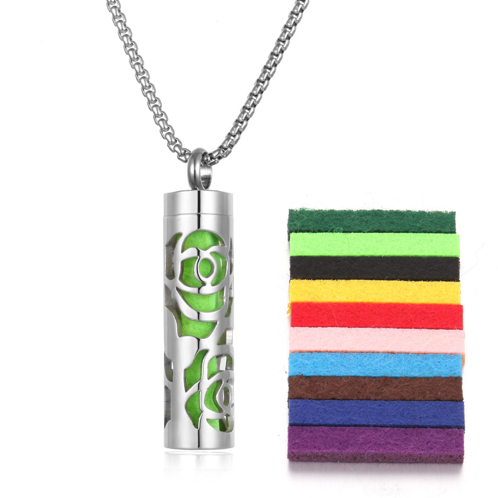 Aromatherapy Pendant – Stainless Steel Perfume Bottle Necklace, Hollow Wave Cylinder Design (Couples Gift)
