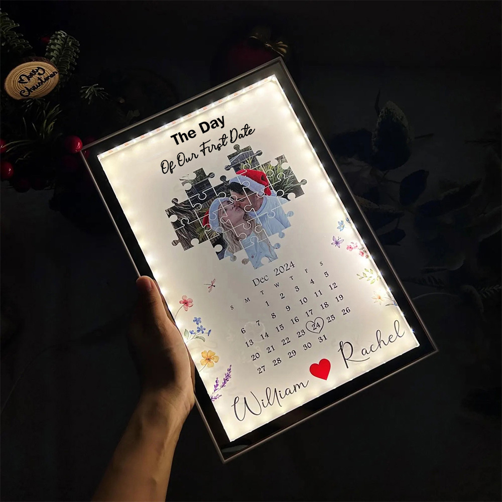 Personalized "Missing Piece" Puzzle Calendar Mirror Light, Hidden Reflection Gift for Couple, Anniversary, Valentine’s Day